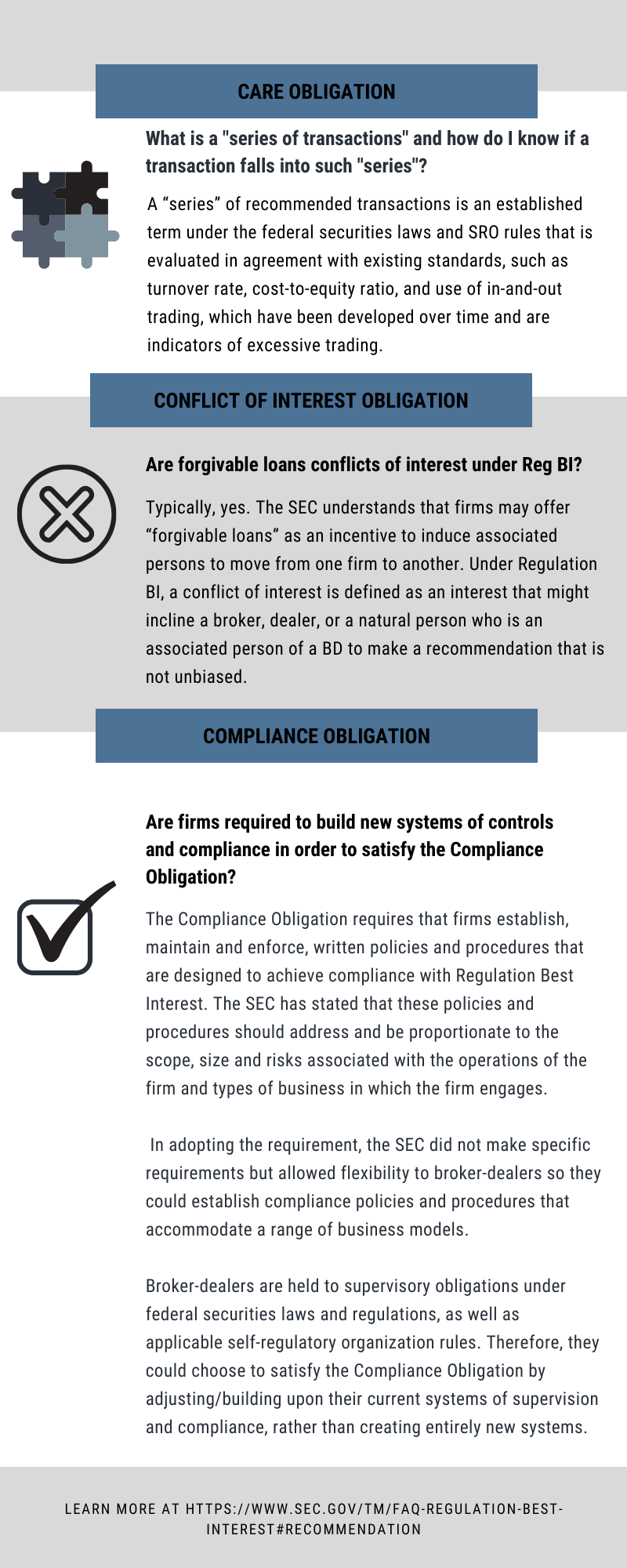 An informational graphic explaining key obligations under Regulation Best Interest (Reg BI) for financial firms and professionals.